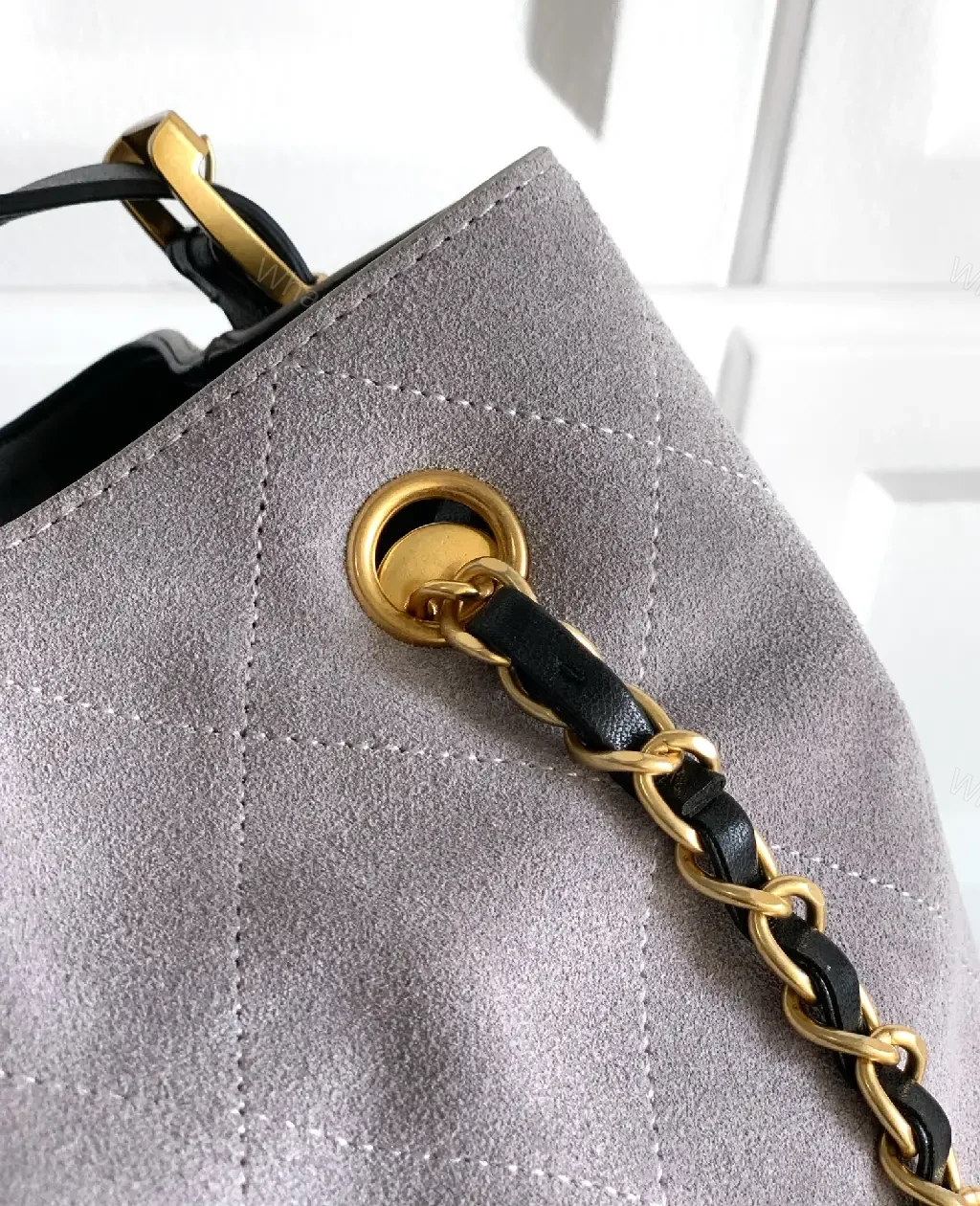 View 4 of Two-Tone Taupe/Black Quilted Tote with Gold Chain Strap
