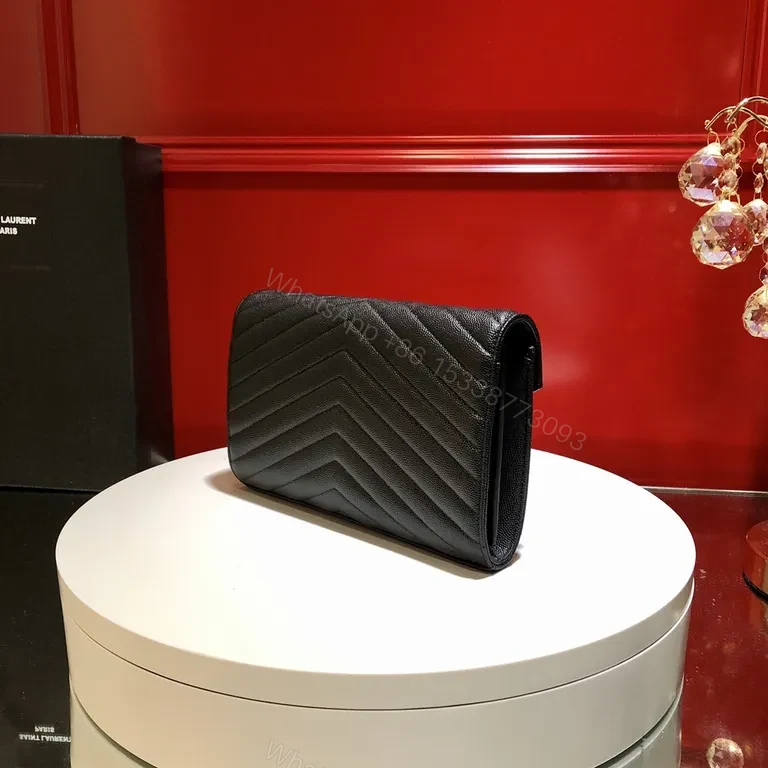 View 3 of Black Leather Chevron Clutch with Gold YSL Emblem - Luxury Evening Bag