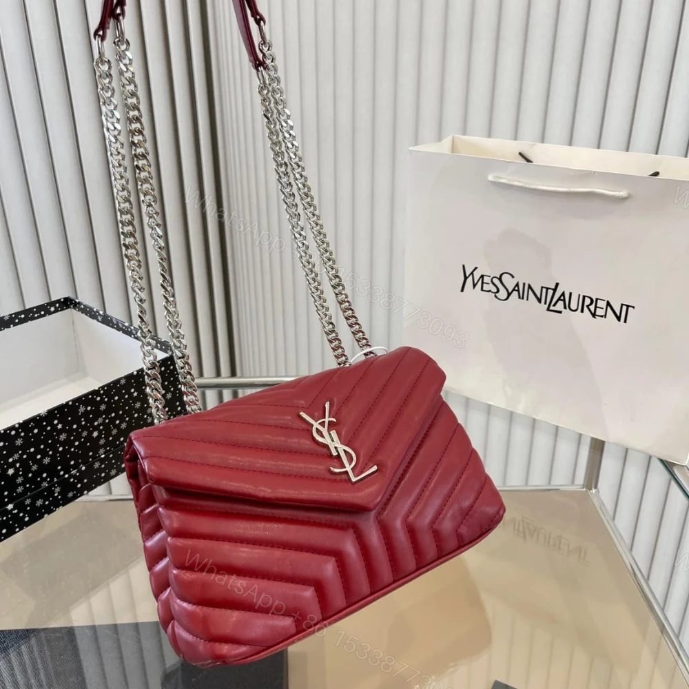 View 2 of Saint Laurent Loulou Small Chain Bag In Quilted Y Wine Red 25Cm