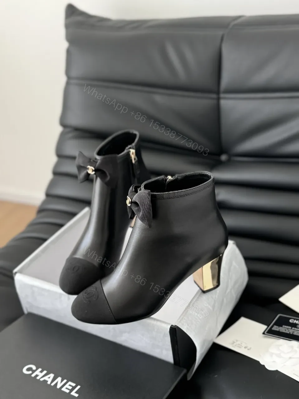 View 6 of Chic Quilted Ankle Boots with Satin Bow Detail and Gold Accent