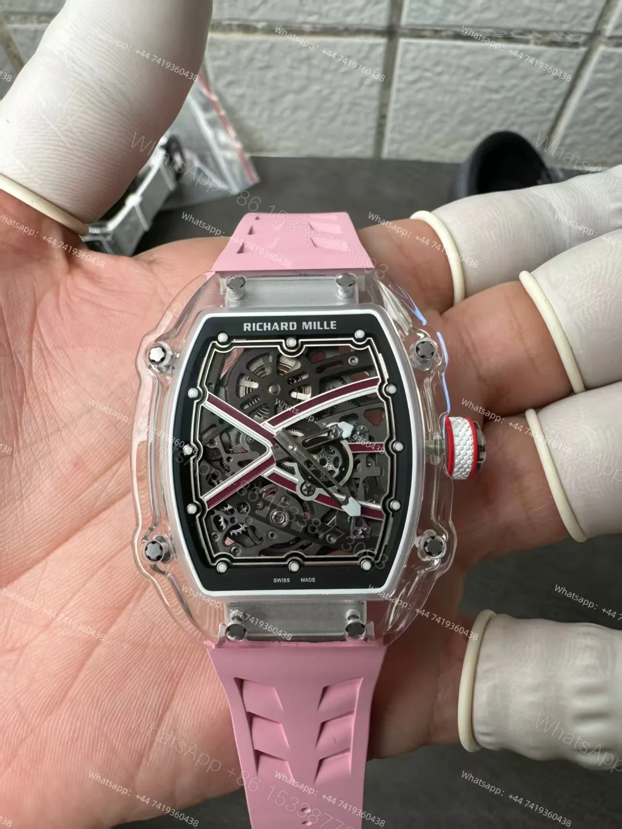 View 5 of Super Clone Richard Mille RM67-02 Sapphire Crystal Skeleton Tourbillon 1:1 Replica Watch with Pink Rubber Strap
