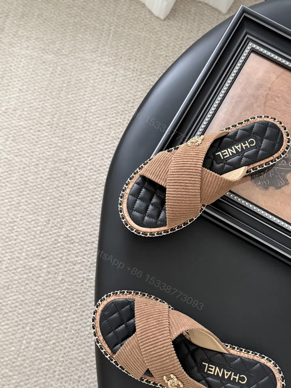 View 2 of Leather-Wrapped Espadrille Slides with Knit Strap, Quilted Footbed