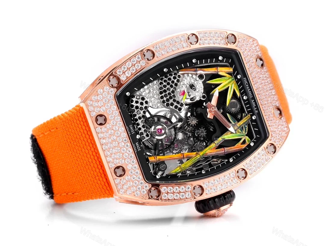 View 5 of Richard Mille RM26-01 Panda Tourbillon Watch Orange Strap Full Diamond Panda Art Dial 18K White Gold National Treasure Mechanical Edition RM26-01-PND-ORS