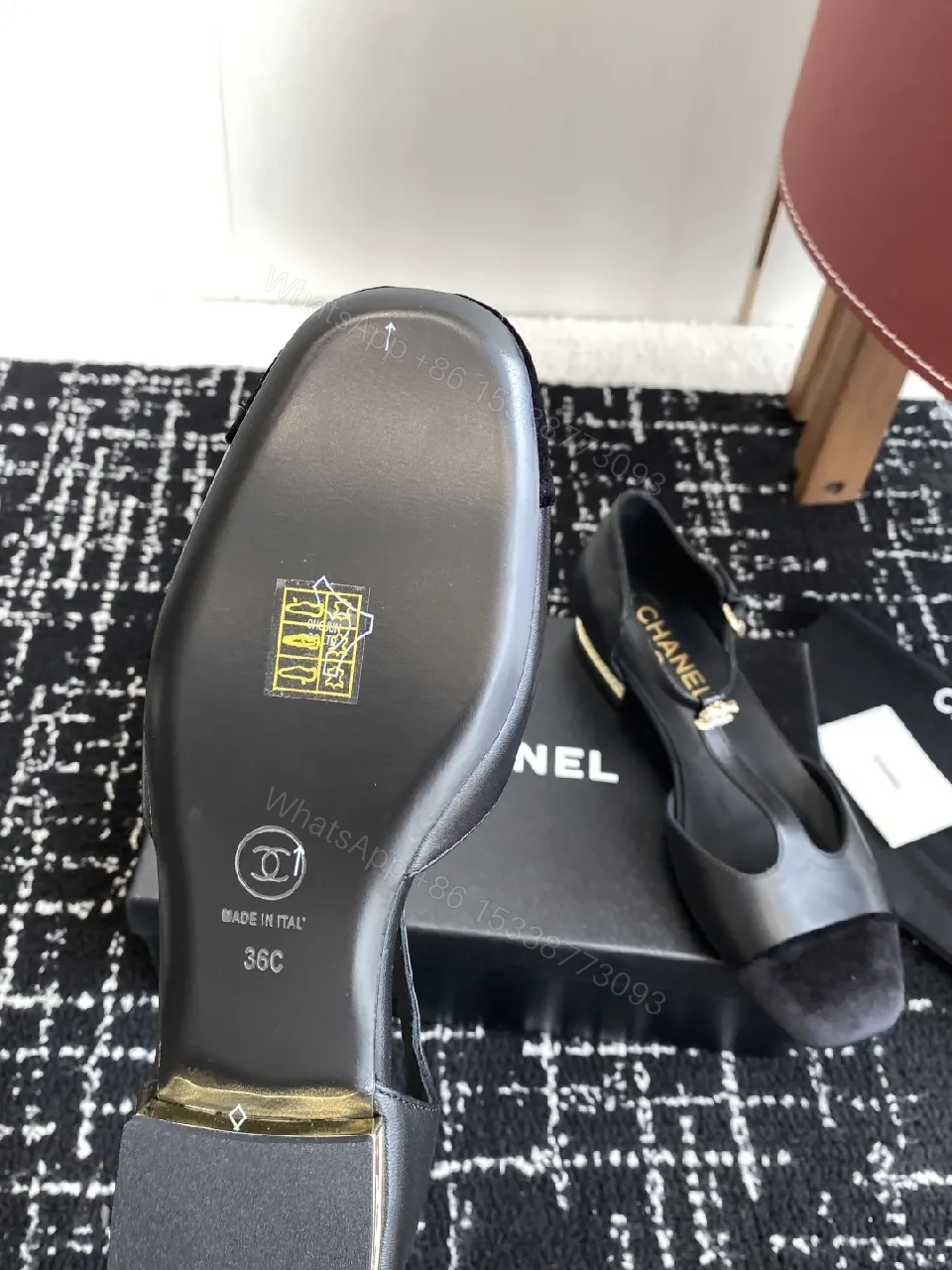 View 4 of Black Satin & Suede Slingback Heels with Gold Hardware