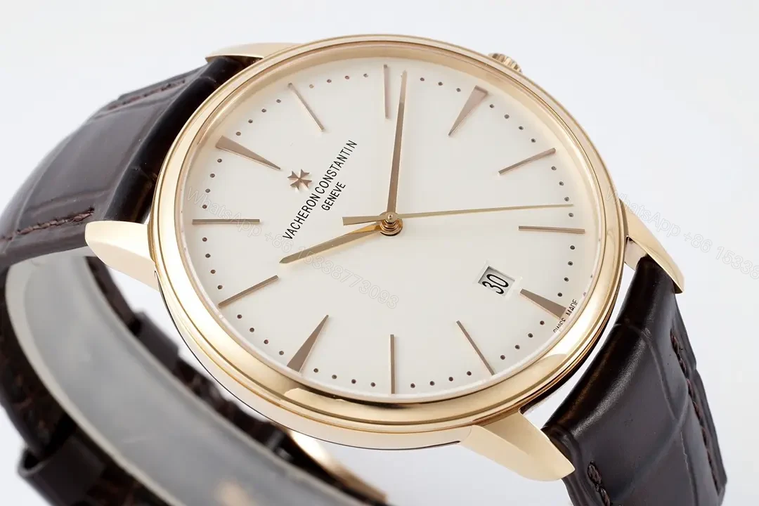 View 6 of GS Factory Vacheron Constantin Patrimony 85180 Series Watch – Gold Case, White Dial, Brown Leather Strap, Minimalist Style
