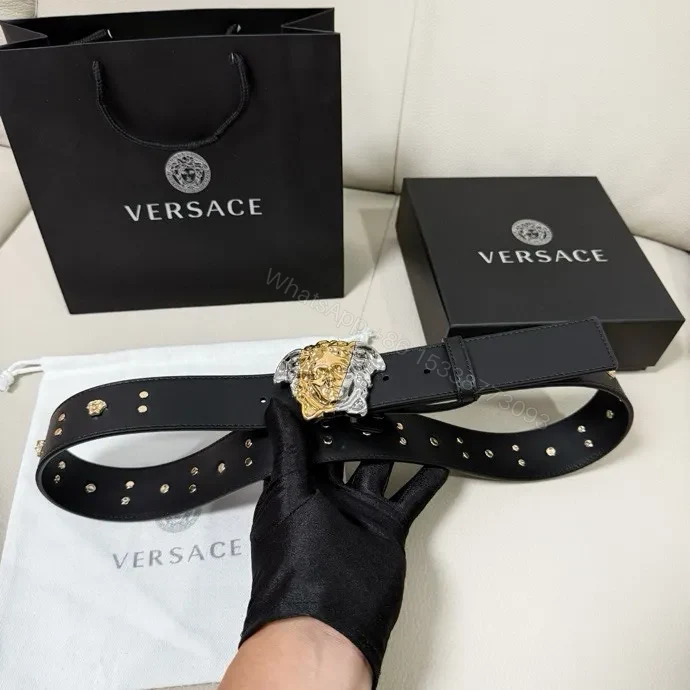 View 5 of Golden Medusa Buckle Belt — Black Leather, Two-Tone Luxury