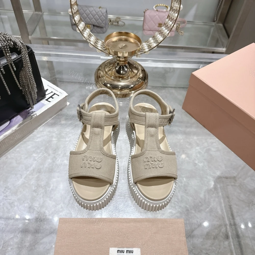 View 6 of MIUMIU DENIM FLATFORM SANDALS COLONIAL BEIGE 5X402E CSL F0044 F 045