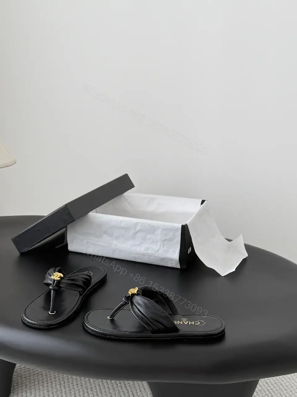 View 8 of Black Leather Sandals Satin Classic Gold Logo Slippers