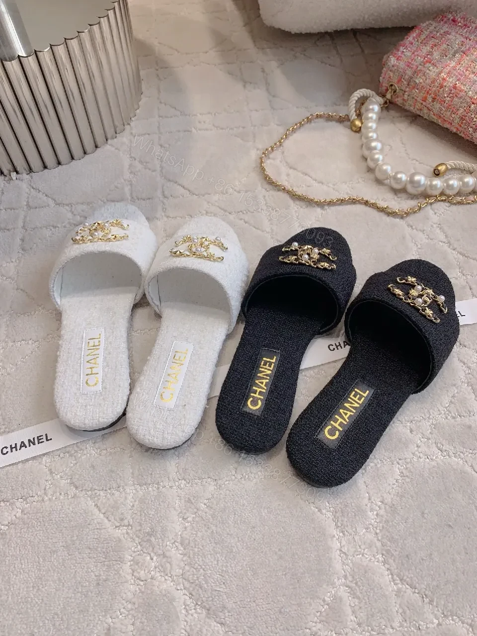 View 4 of Chanel-Inspired Textured Slider with Gold Chain Crest