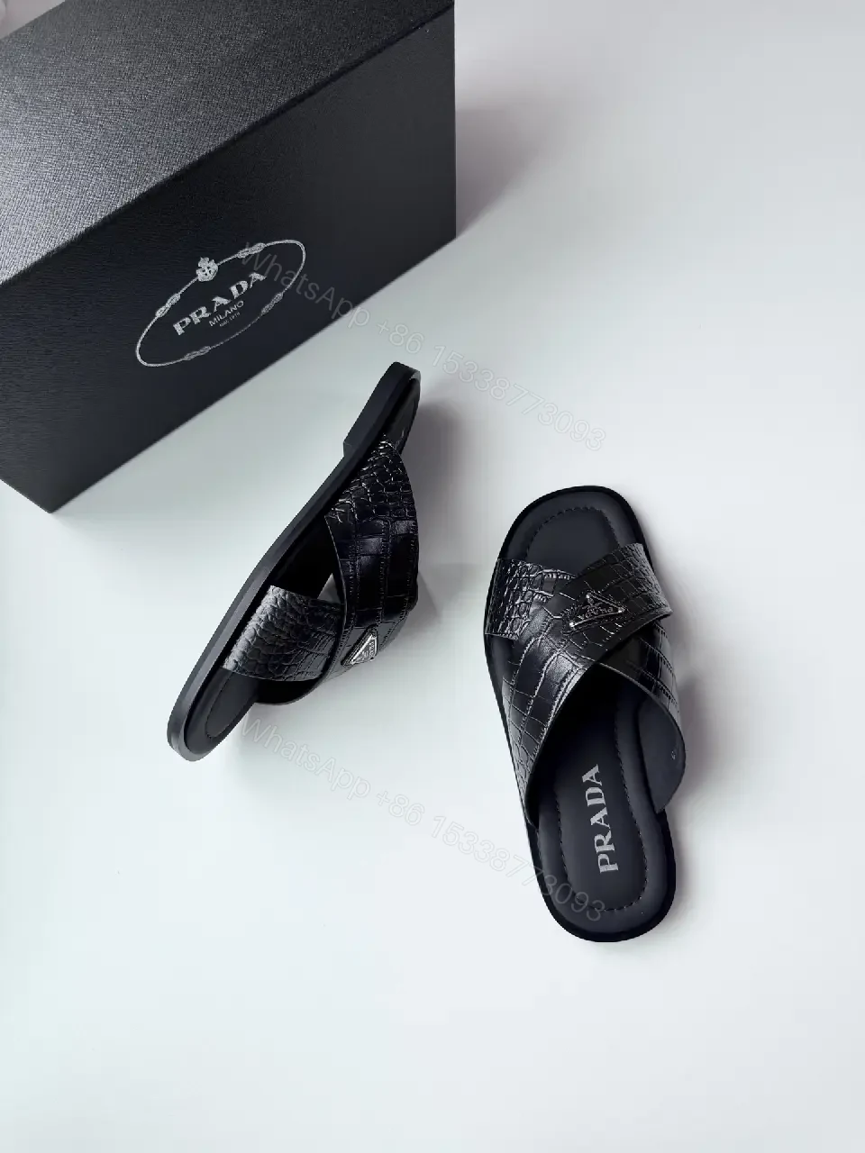 View 5 of Black Leather Quilted Prada Slides, Wide Strap, Luxury Sandals