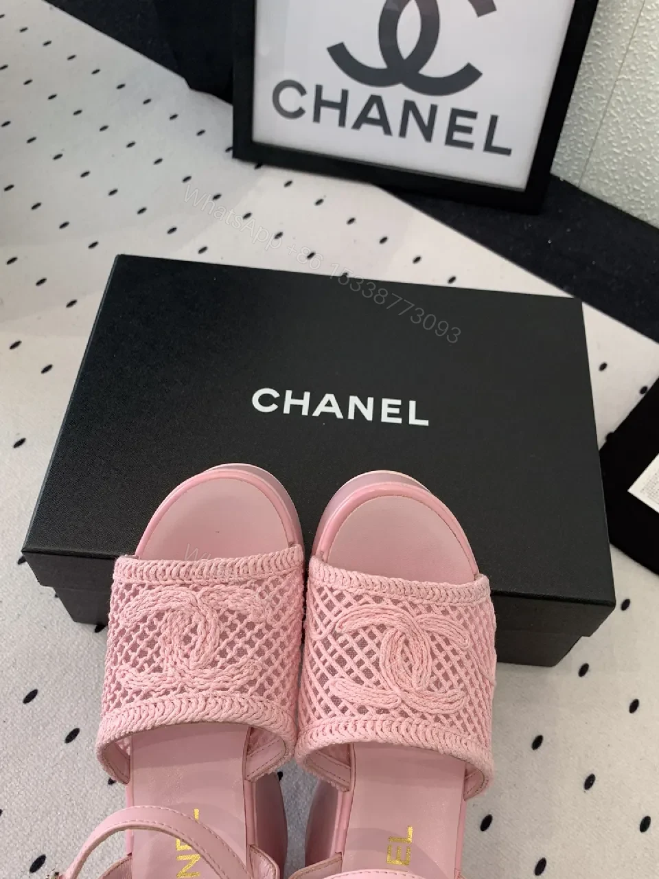 View 2 of Pink Knit-strap Platform Sandals with Pave Textured Sole