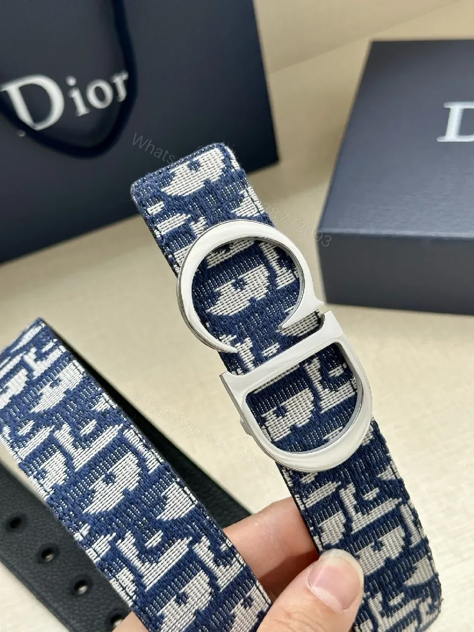 View 7 of Patterned Denim-Inspired Belt with Signature Double-Grommet Buckle