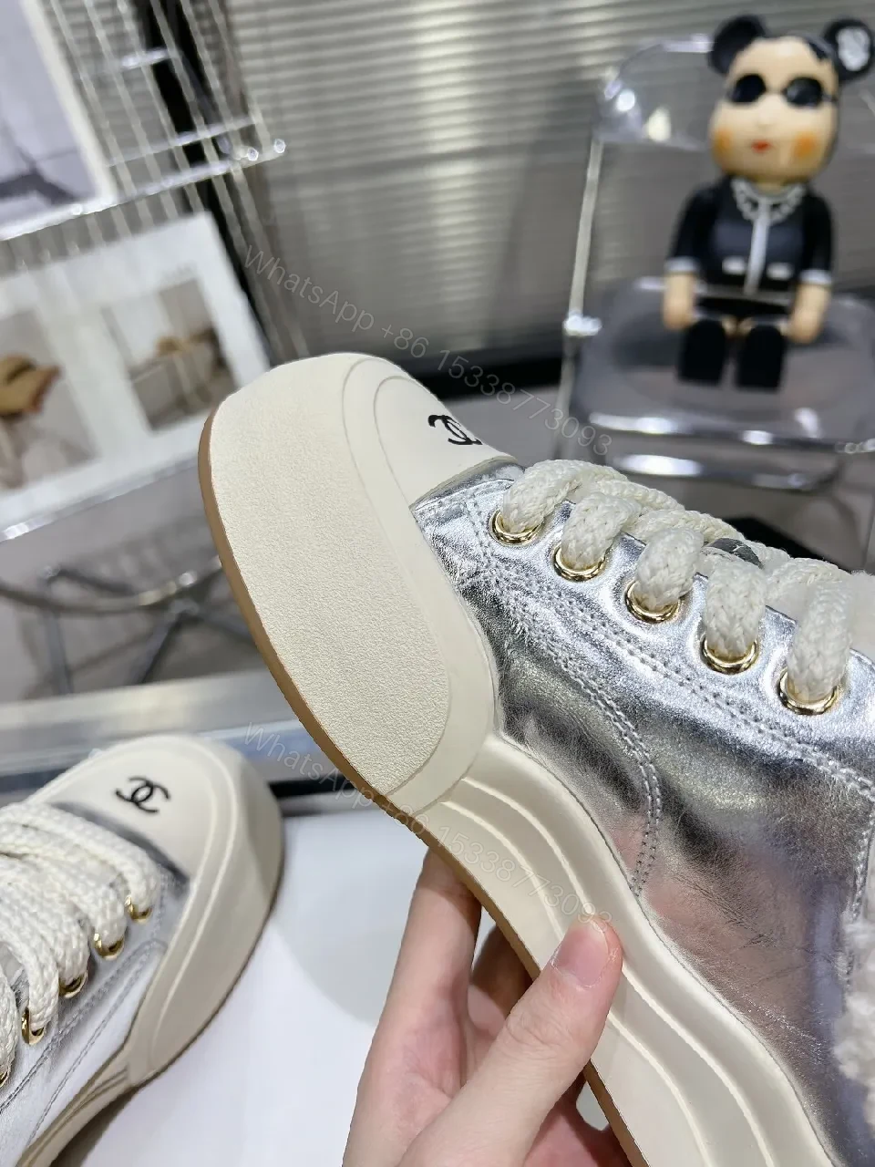 View 8 of White Wool-Trimmed Metallic-Panel Luxe Sneakers