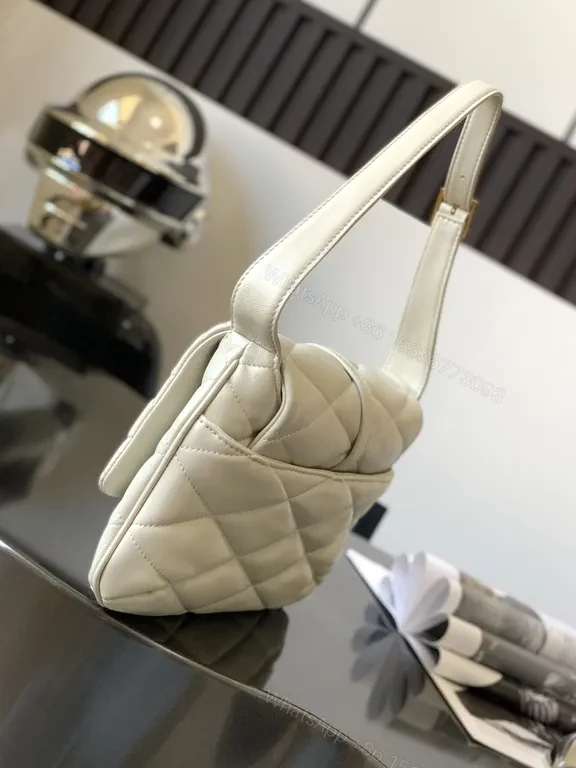 View 7 of White Quilted Leather Shoulder Bag with Gold-YSL Logo