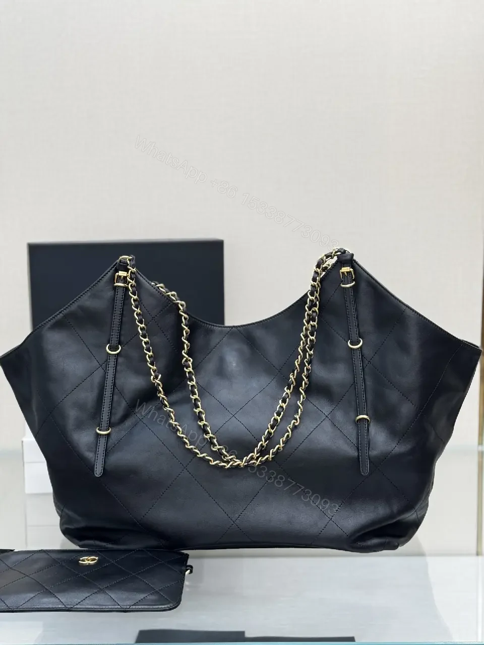 View 5 of Quilted Tote Black Leather-Style, Dual Chain, Luxury Tote