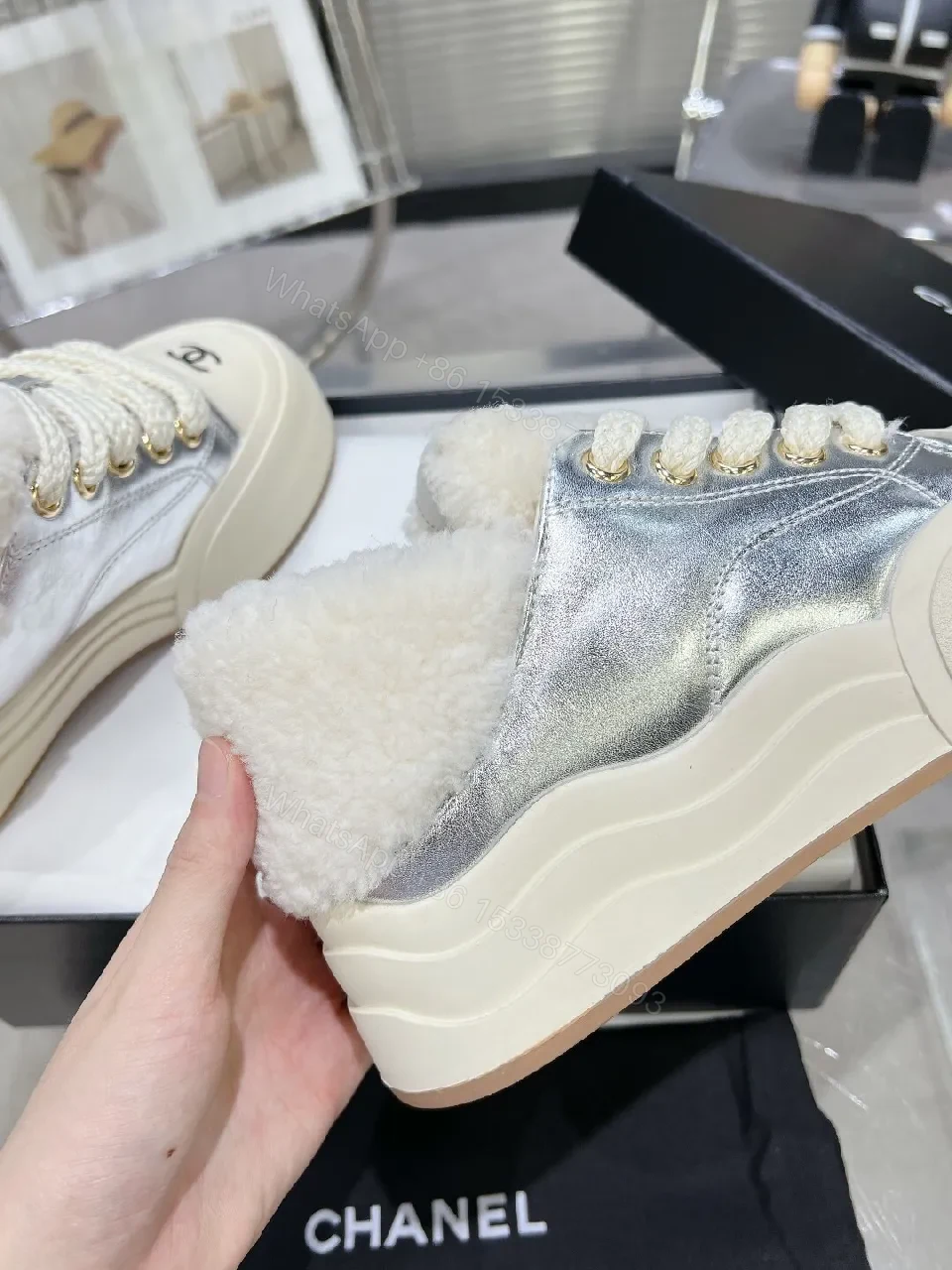 View 4 of White Wool-Trimmed Metallic-Panel Luxe Sneakers