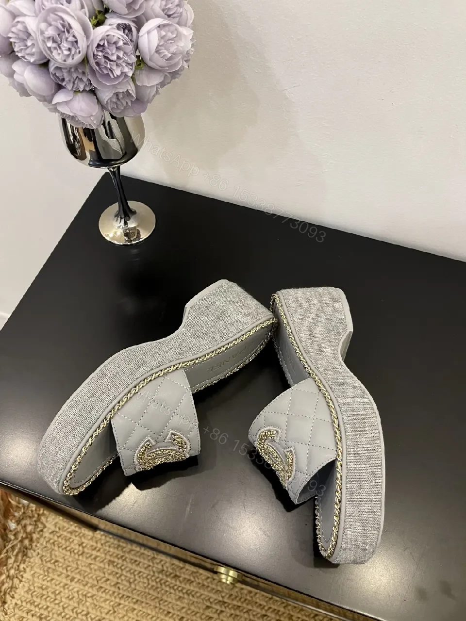 View 7 of Grey Leather Slip-On Sandals with Gold Chain Logo