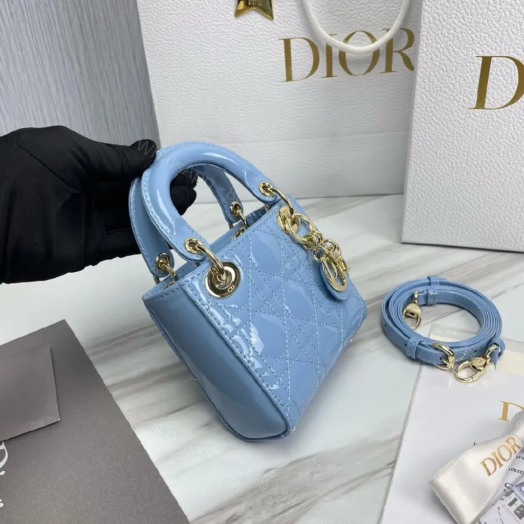 View 8 of Blue Quilted Mini Bag - Calf Leather, Crossbody/Top Handle, Magnetic Closure