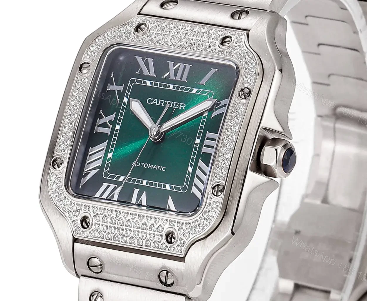 View 3 of Cartier super clone Santos Green Dial Diamond Steel Bracelet Premium 40MM RG-CARTIER-SANTOS-GRN-DIA-STL-40
