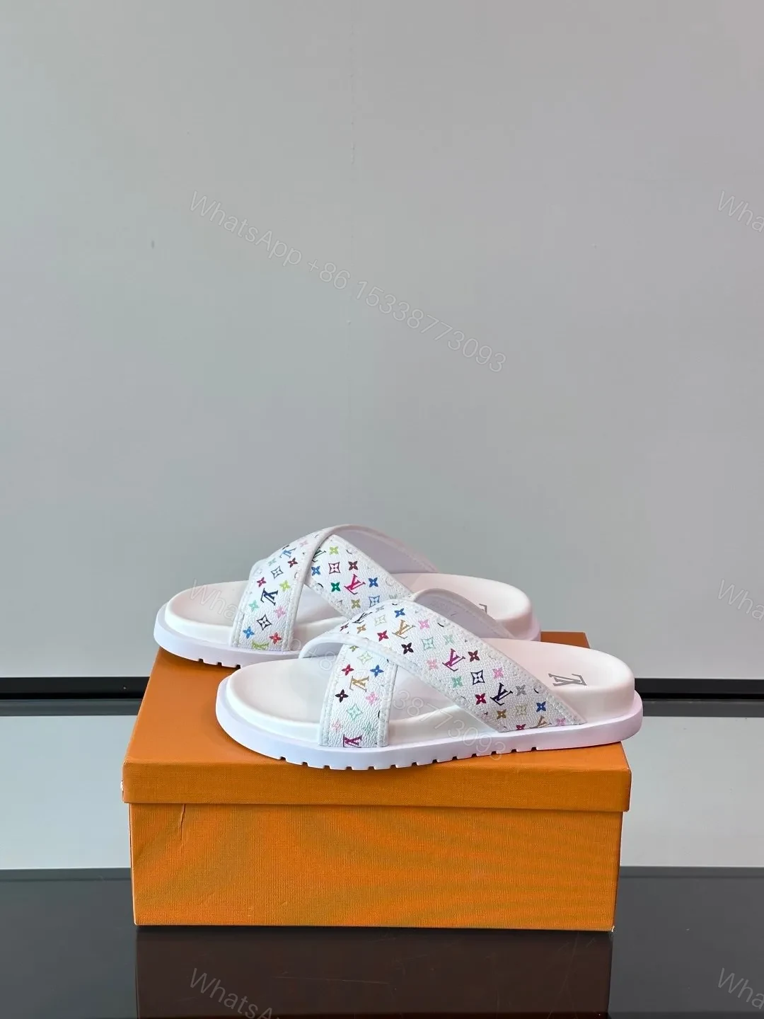 View 3 of LV Men White Multicolor Leather Slides