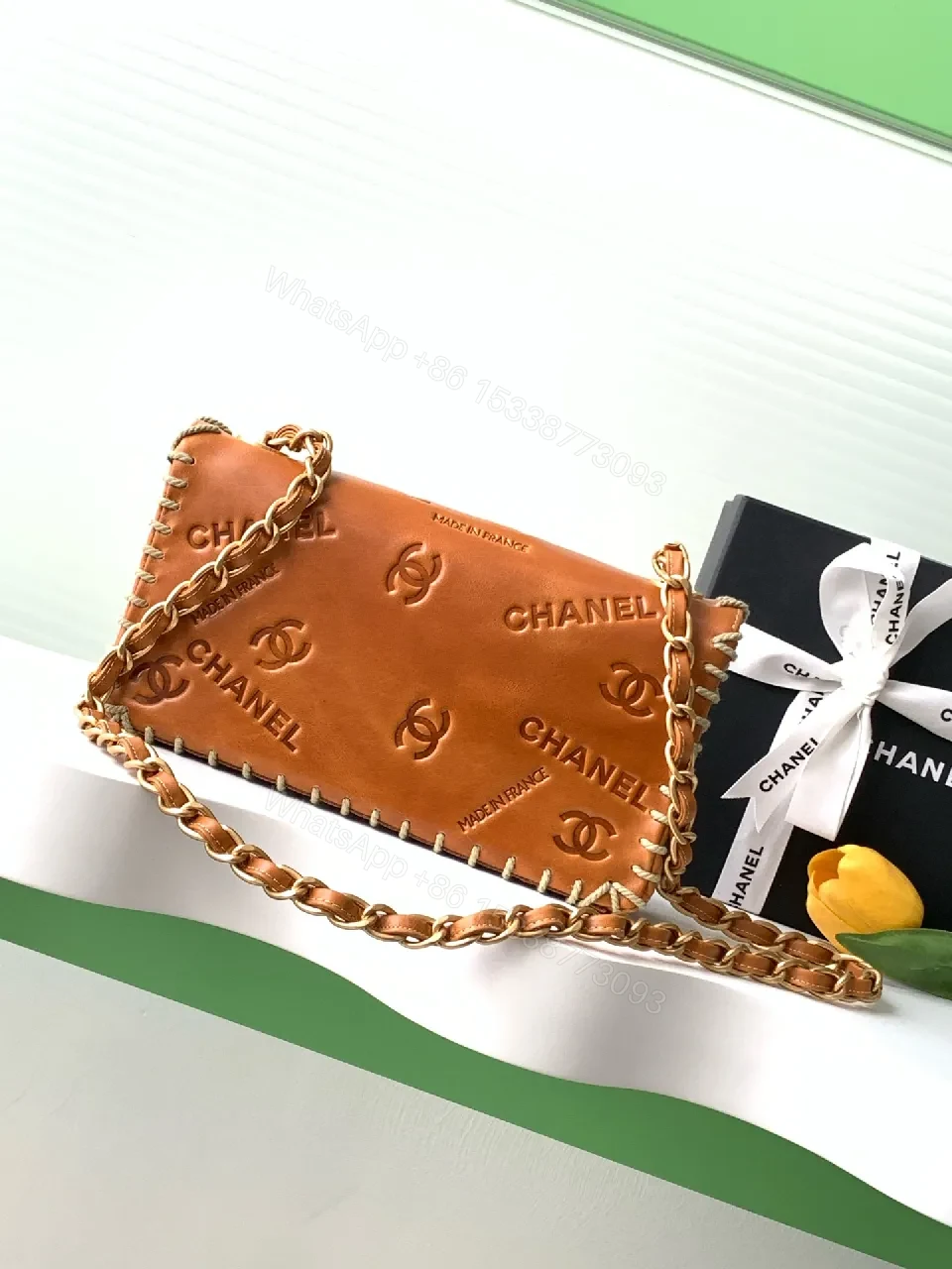 View 2 of Tan Leather Monogram Crossbody with Gold Hardware, Chic Compact Style