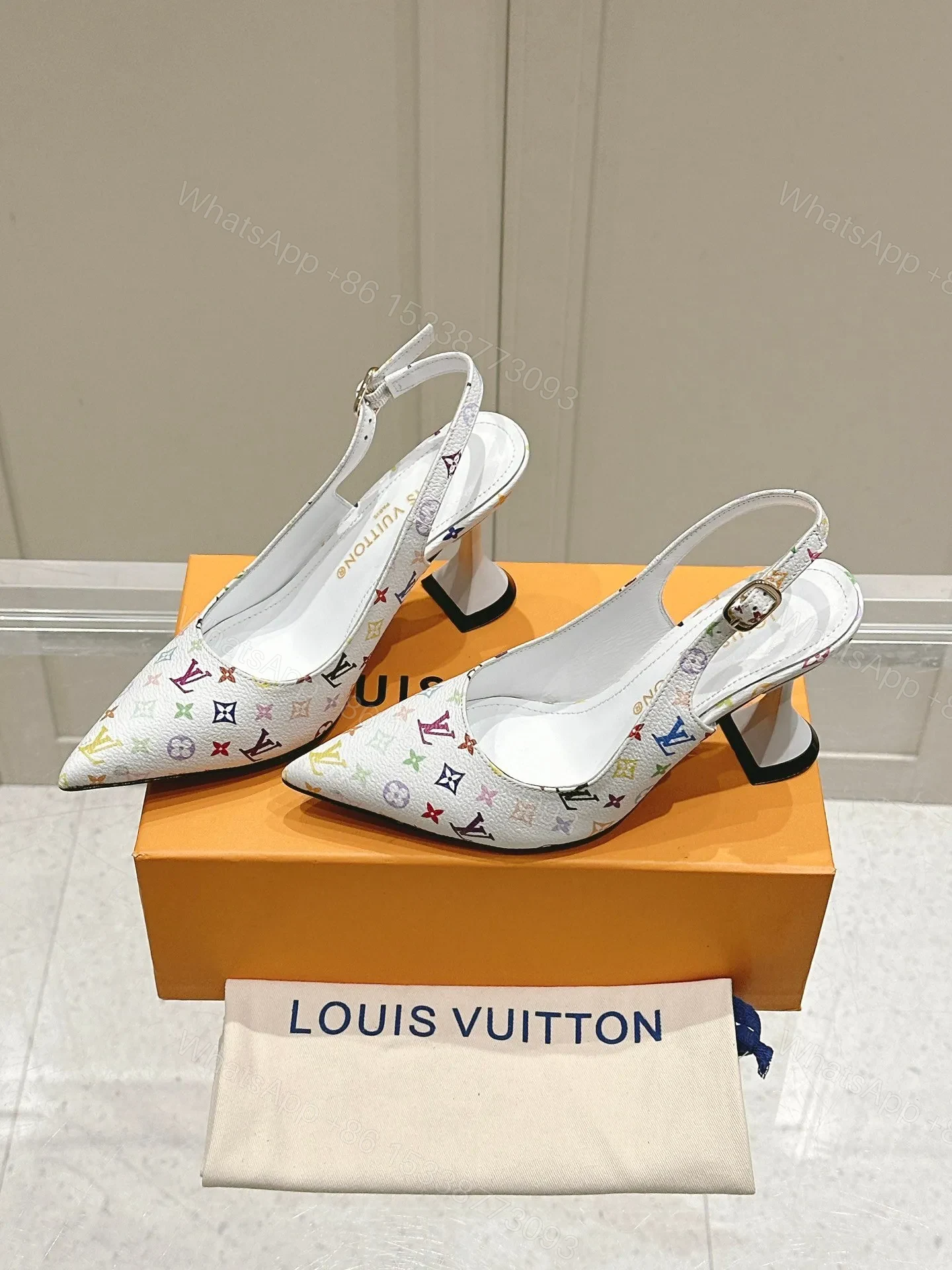 View 3 of LV Women White Leather Multicolor Logo Heels