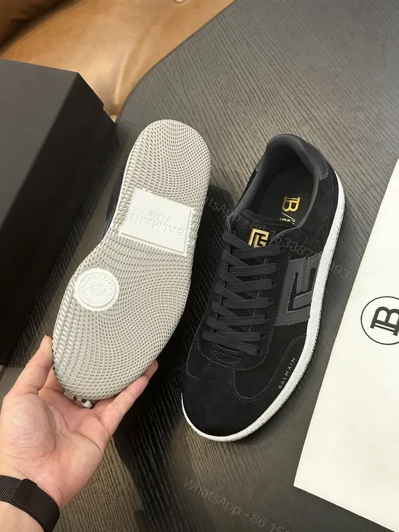 View 2 of Black/Gold Balmain-Style Low-Top Sneakers, Replica, Dark Blue Laces