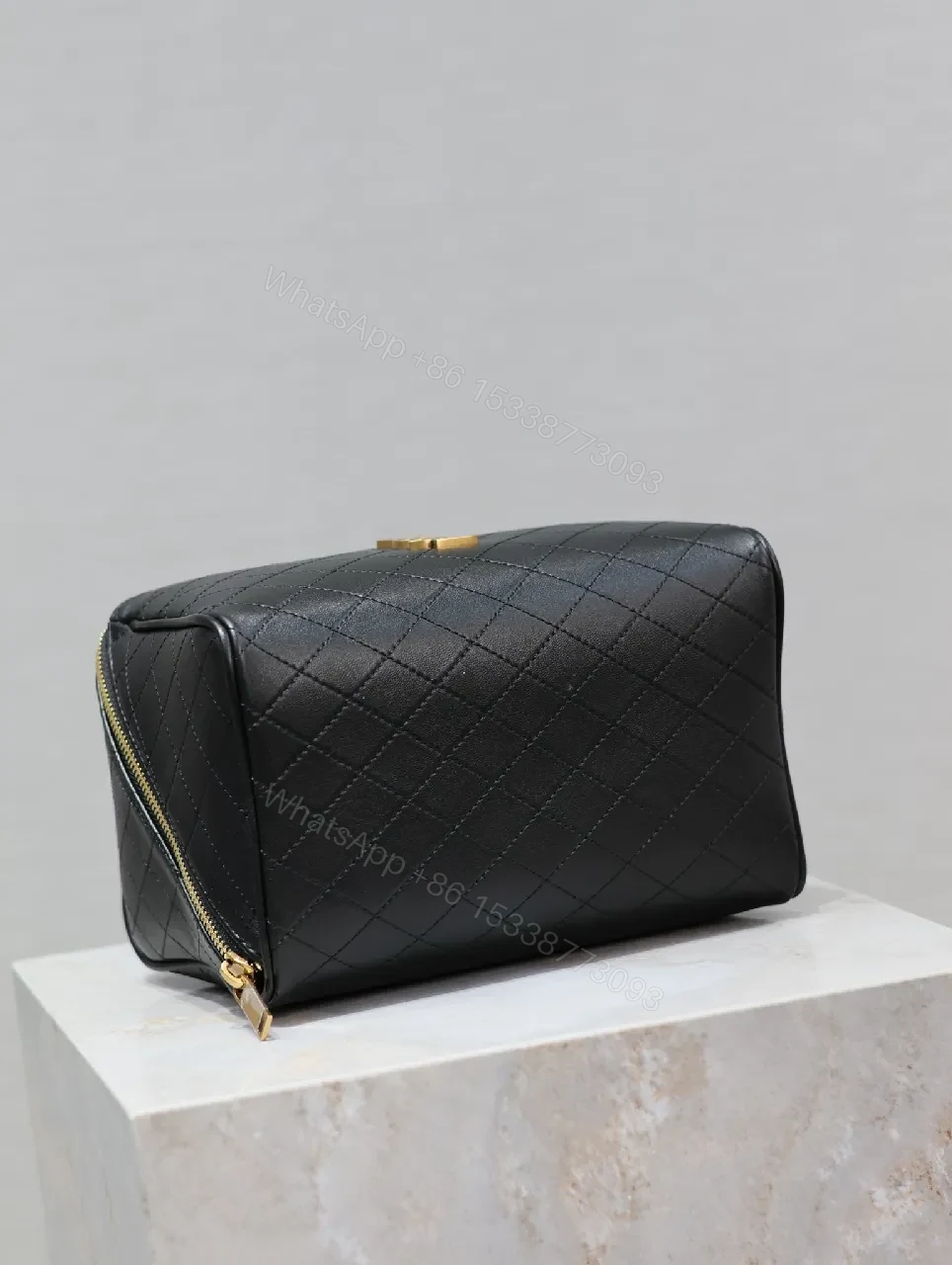 View 8 of Compact Black Quilted Leather Vanity Bag with Gold Monogram