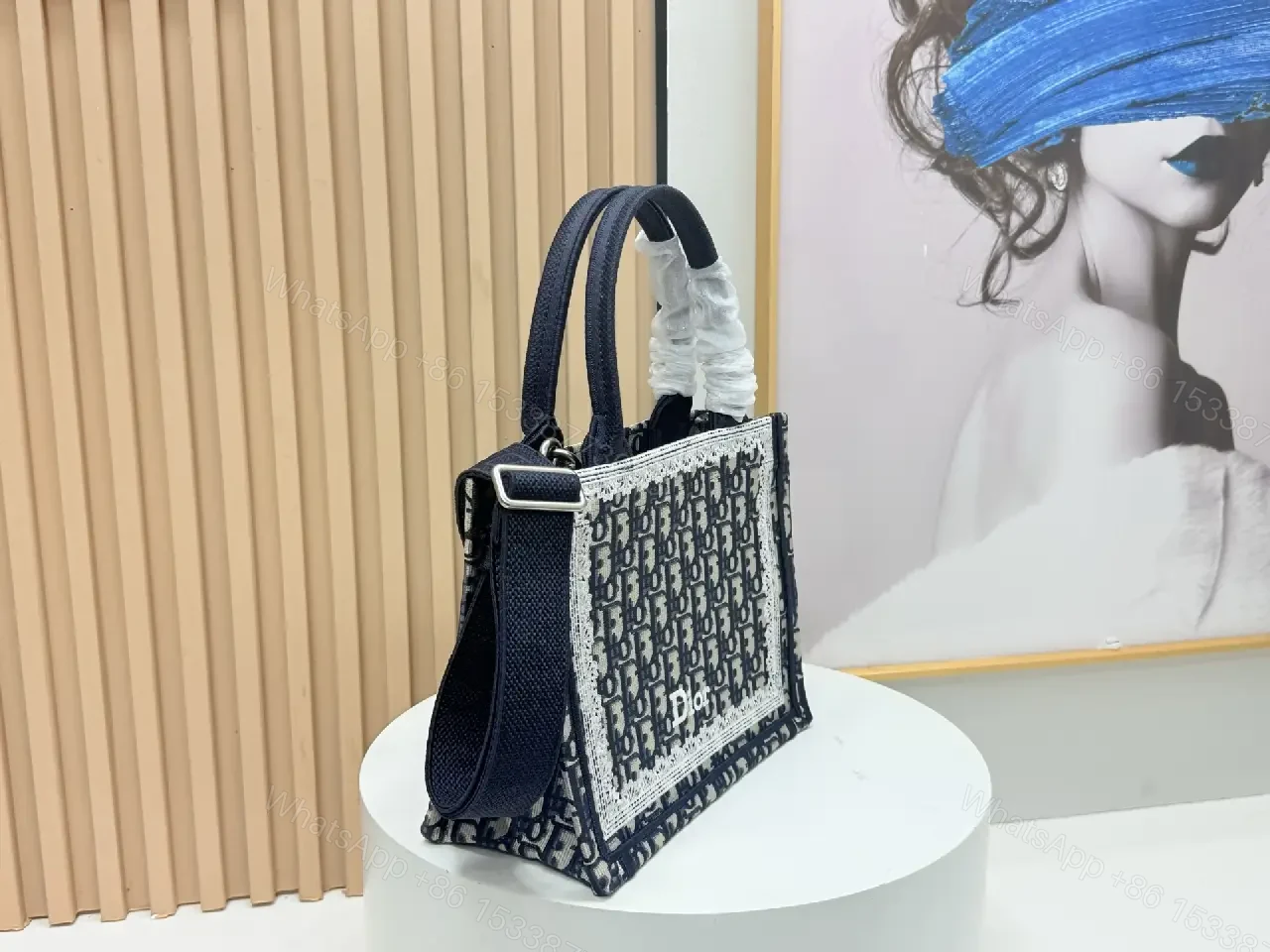 View 4 of Navy Monogram Textile Satchel: Structured Square Bag