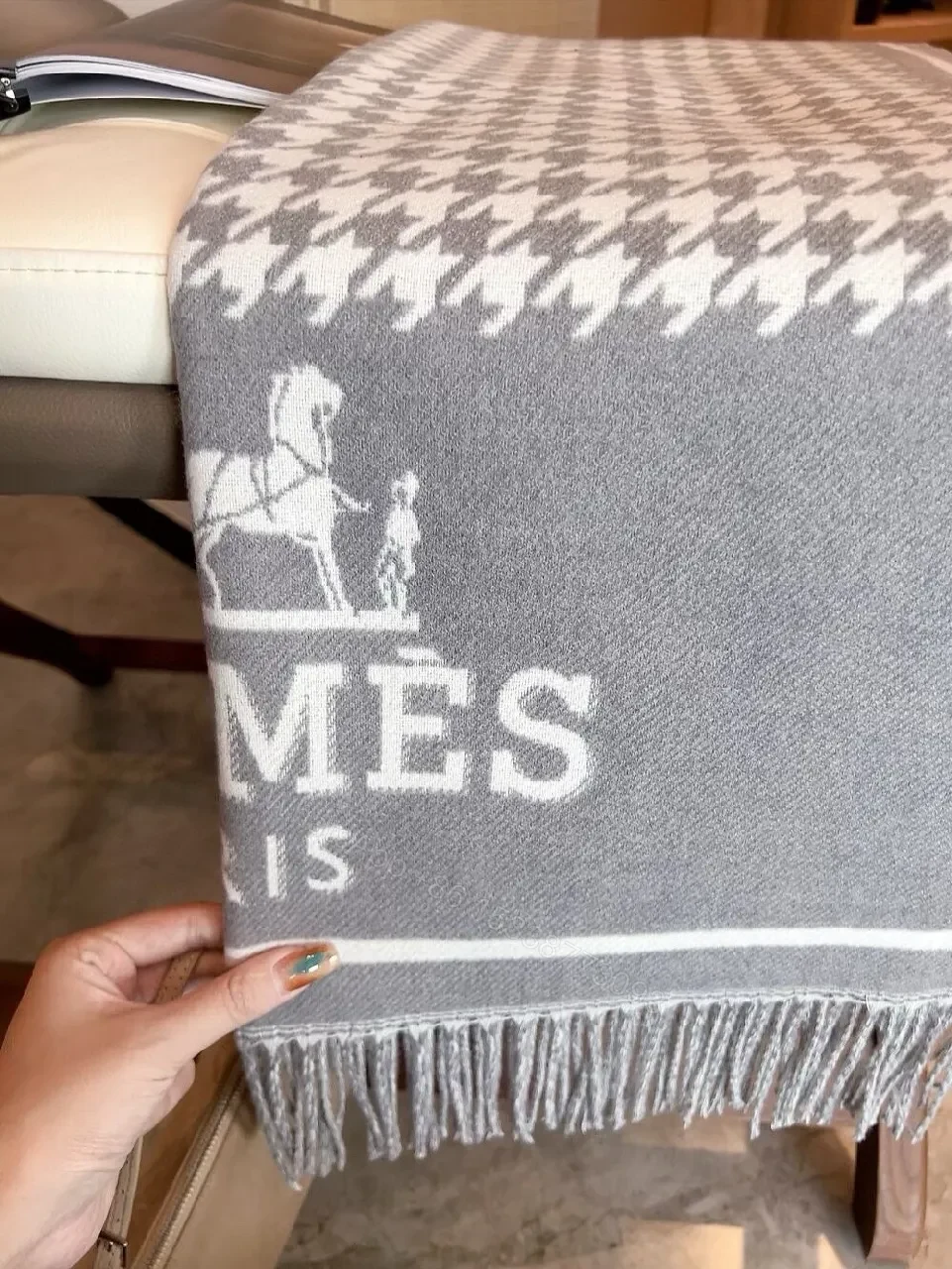 View 3 of Two-Tone Hermes-Inspired Knit Throw Blanket with Fringe