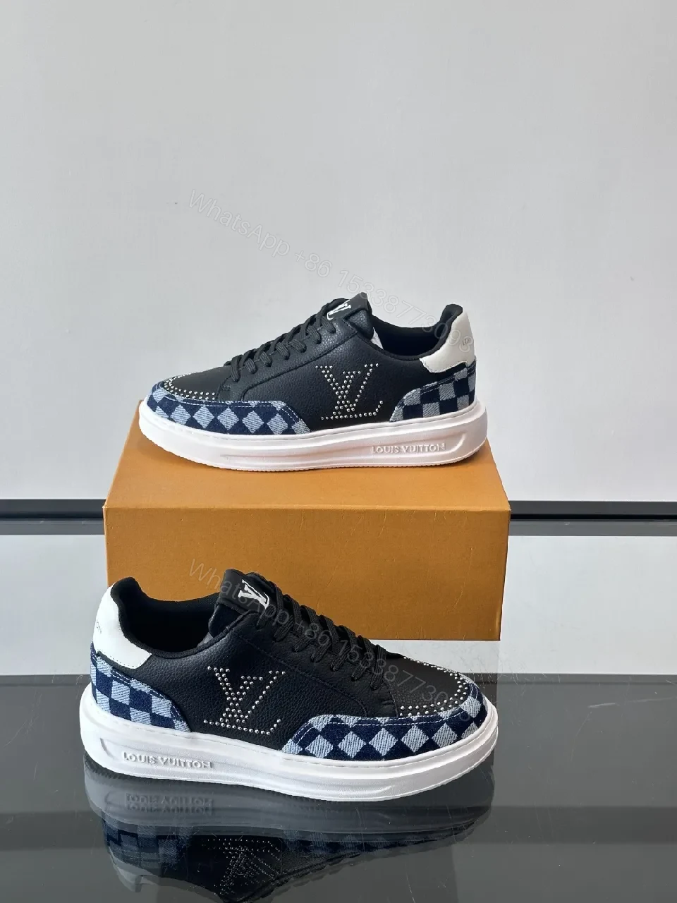 View 4 of Bold Checkerboard Tech Trainers, Leather Panels, LV Motif Sneakers