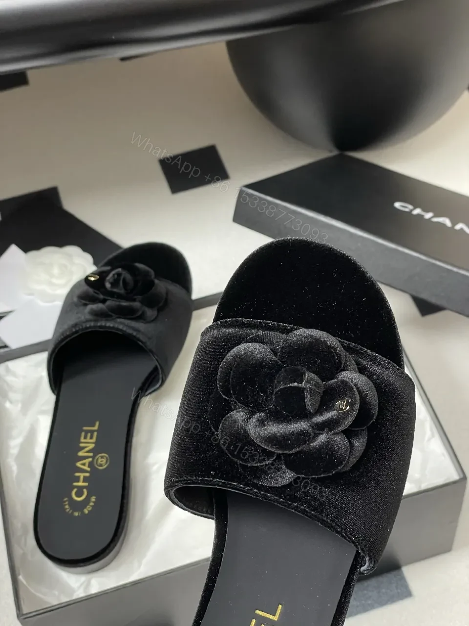 View 6 of Velvet Rose Slide Sandals: Luxury Comfort, Black, Open-Toe