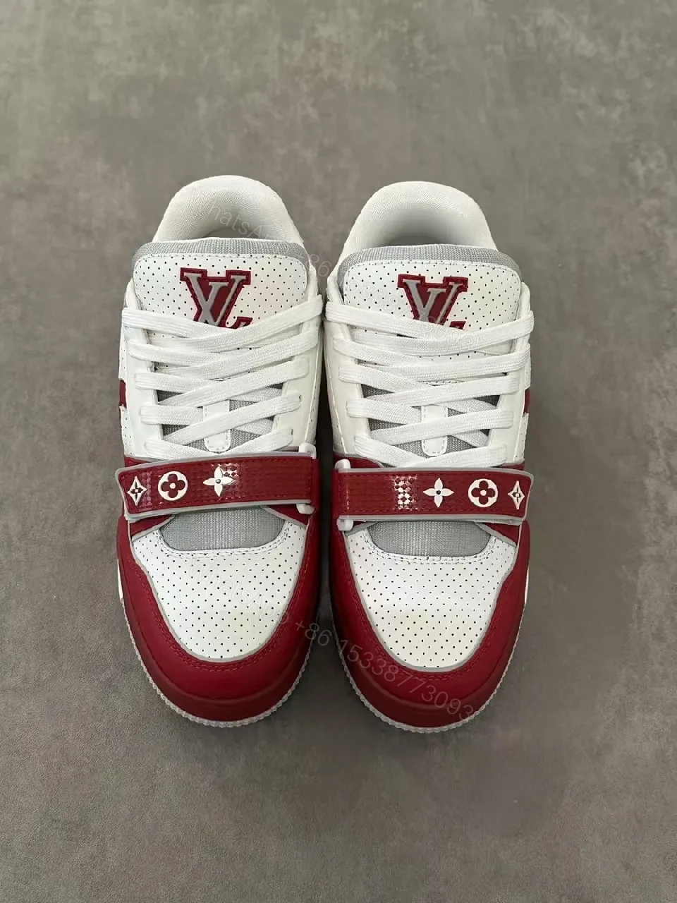 View 4 of Bold White & Burgundy Leather Trainer with LV-Style Details