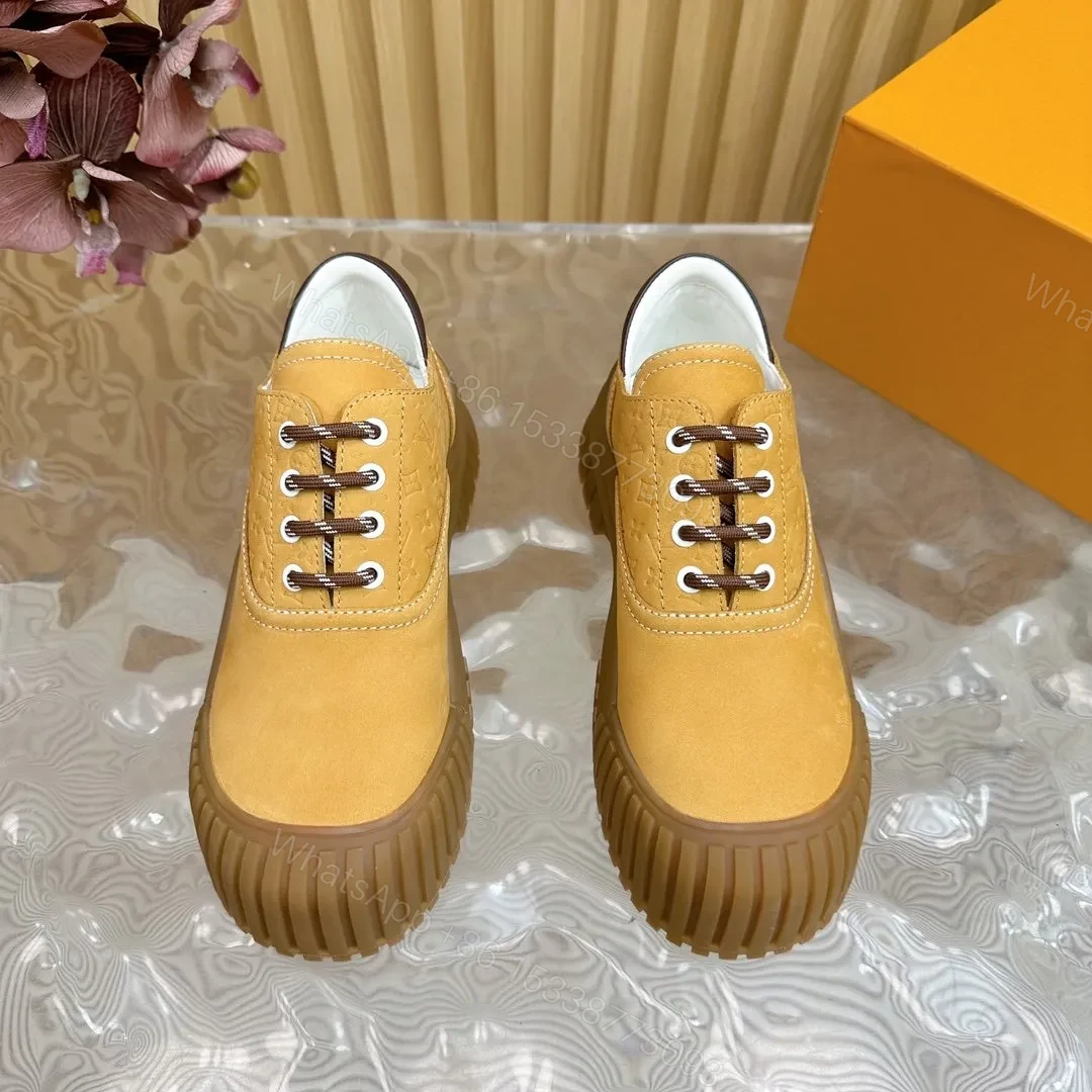 View 5 of LV Women Mustard Suede Lace-Up Sneakers