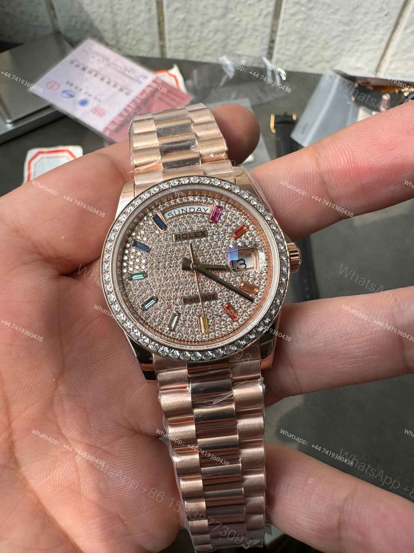 View 2 of Rolex Day-Date M128235-0039 1:1 Replica Moissanite Rainbow Diamond Dial 36MM 3255 Movement Presidential Bracelet Super Clone Watch