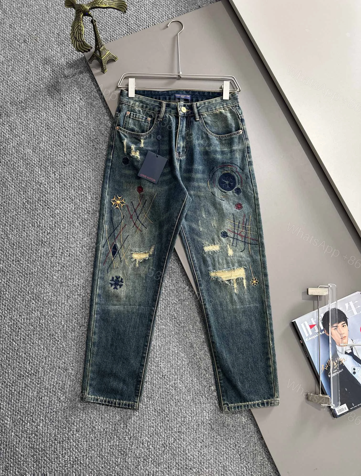 LV 原單男士牛仔褲手工刺繡做舊設計潮流復古款 — view 1