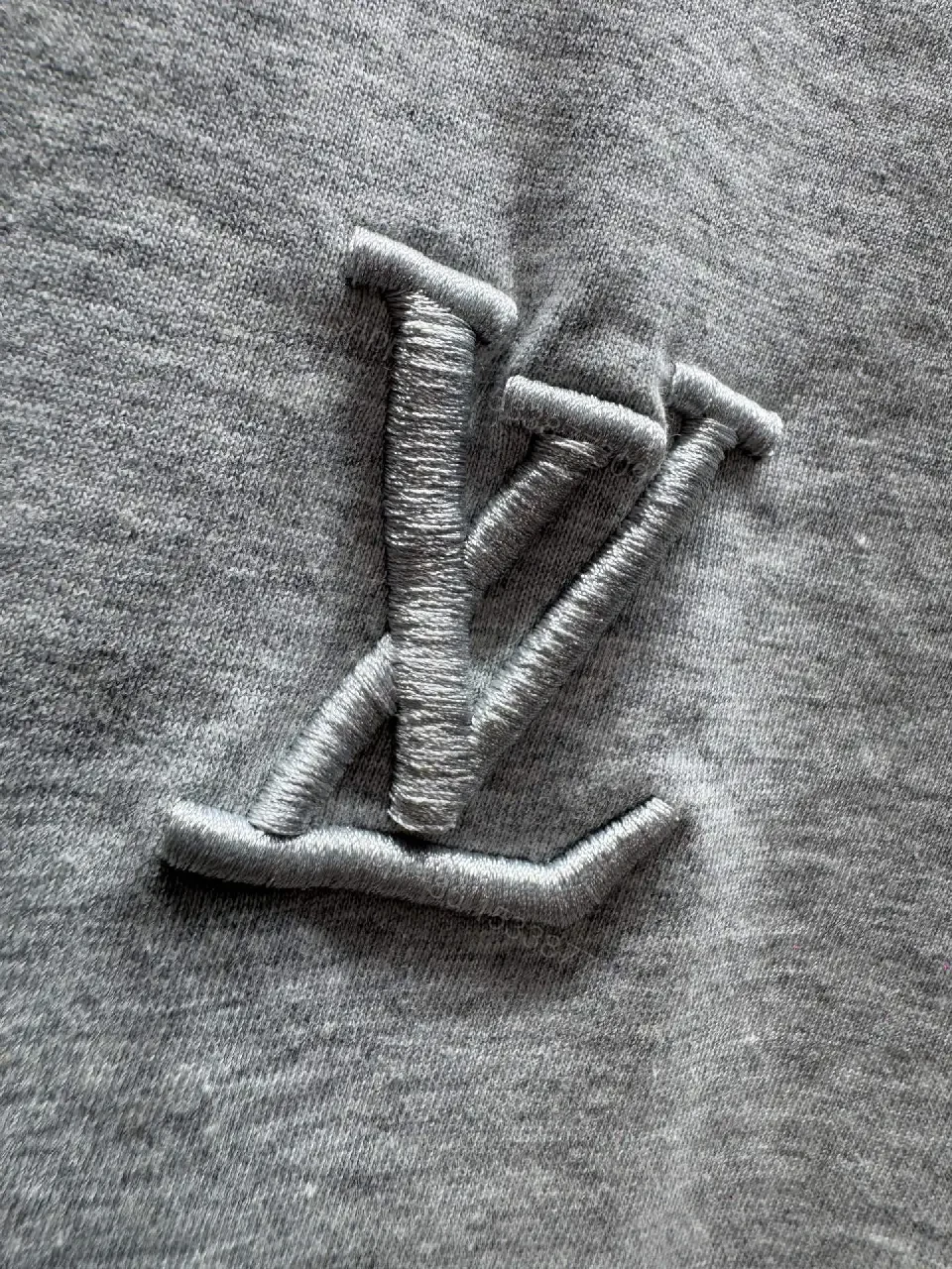 View 3 of Grey Cotton Tee with Subtle LV Embroidery, Relaxed Crewneck, Mid-Weight Comfort