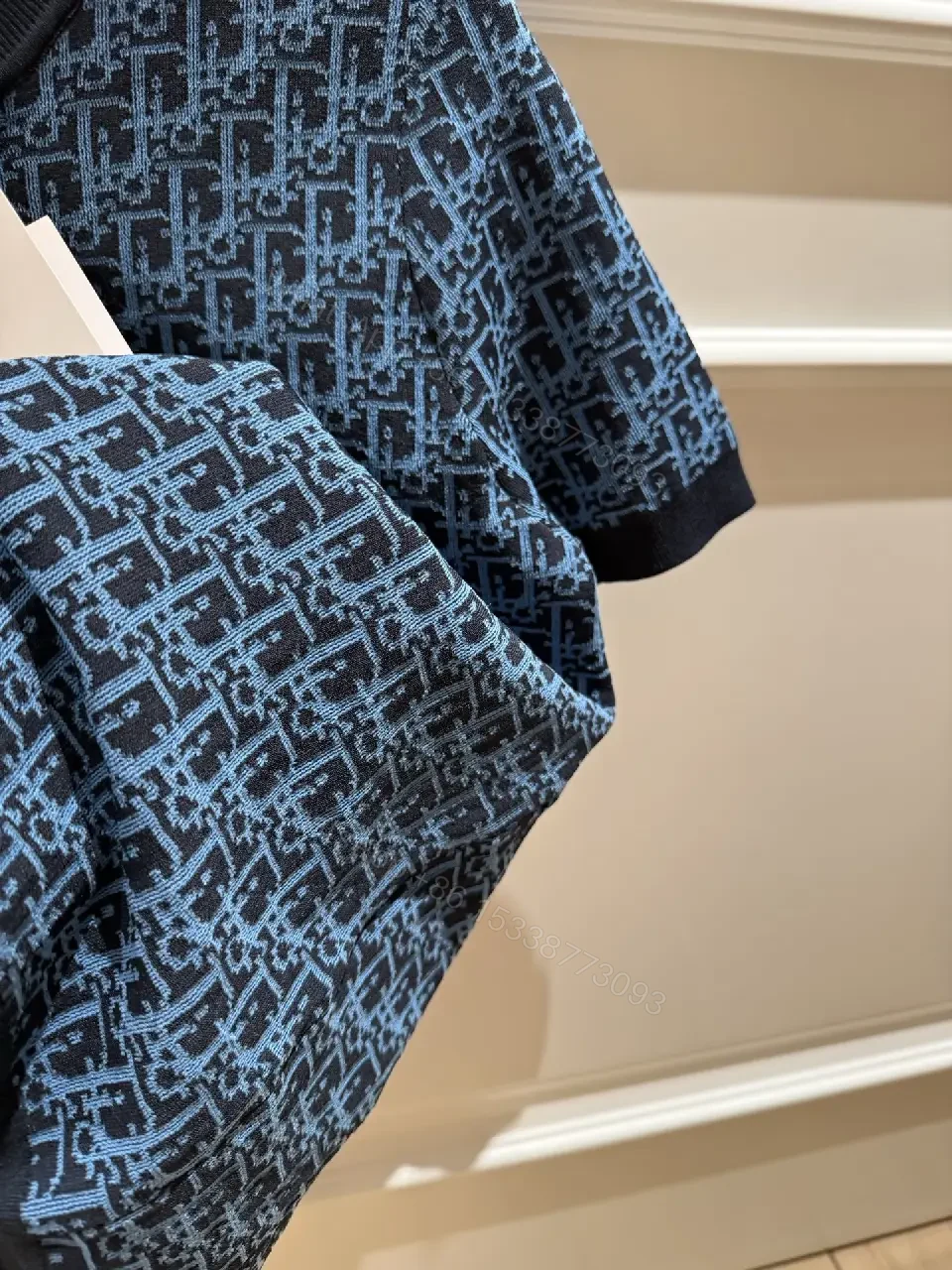 View 2 of Blue Knit Texture Monogram Top, Modern Comfort, Unisex Knitwear