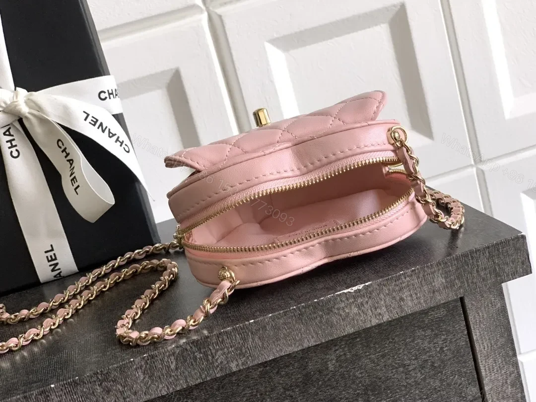 View 5 of Soft Pink Quilted Heart Mini Bag with Gold Logo Bag