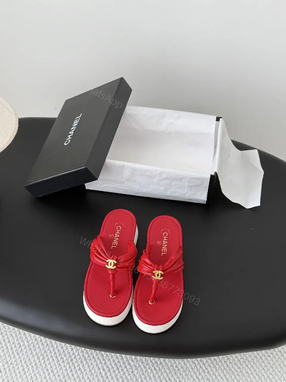 View 4 of Red Satin Flip-Flops with Gold Chanel Logo Student Style Sandals