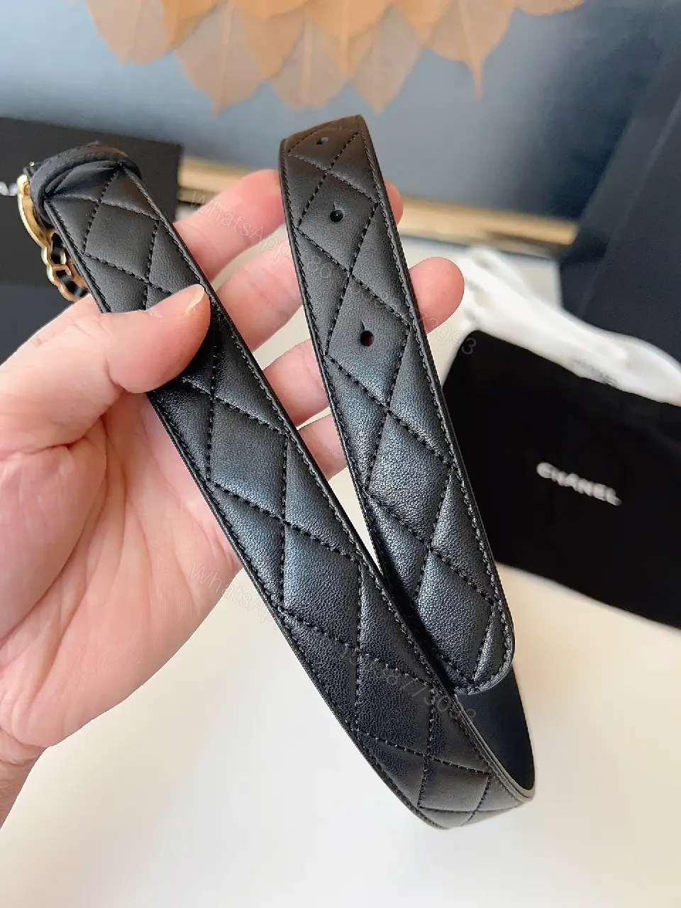View 4 of Quilted Black Belt with Pearl Buckle - Lux Style Accessory