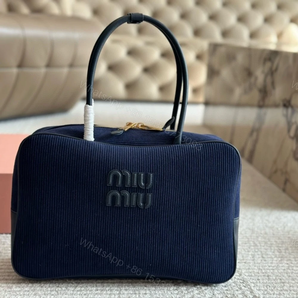 View 2 of MIUMIU BEAU CORDUROY TOP HANDLE BAG NAVY 35CM 5BB163 2F81 F0124 V OOO