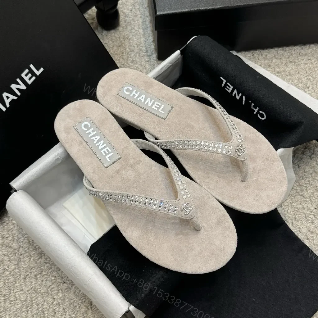 Sand Beige Crystal-Embellished Chanel-Style Flip-Flops - All-Day Glam — view 1