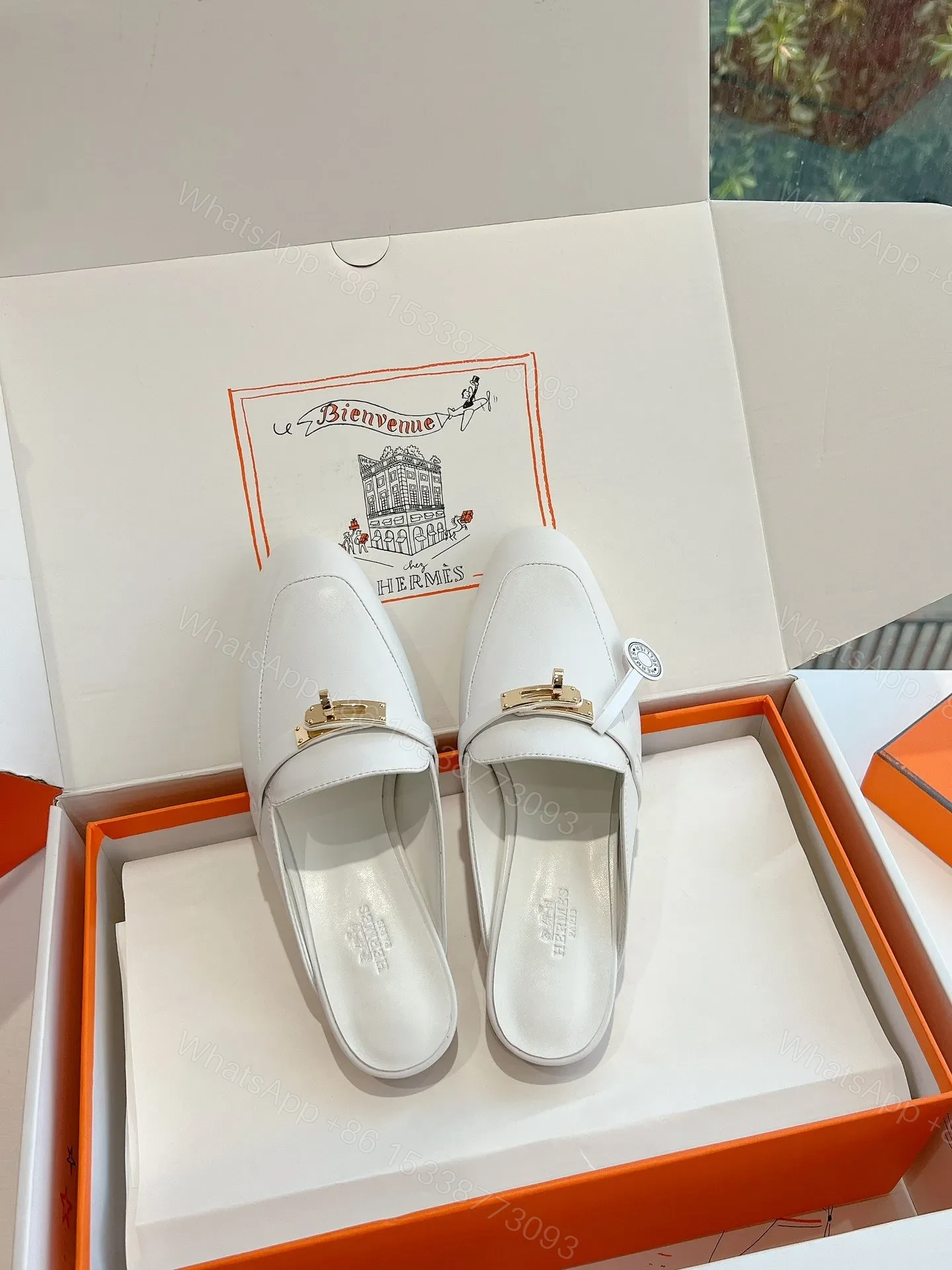 View 4 of Hermes Women White Leather Mules