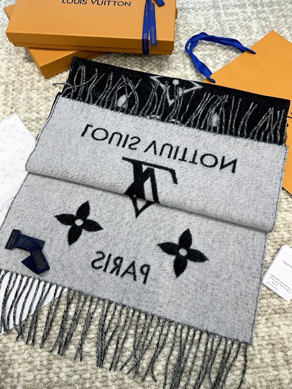 View 3 of Black & gray dual-tone scarf: luxury, woven, fringed