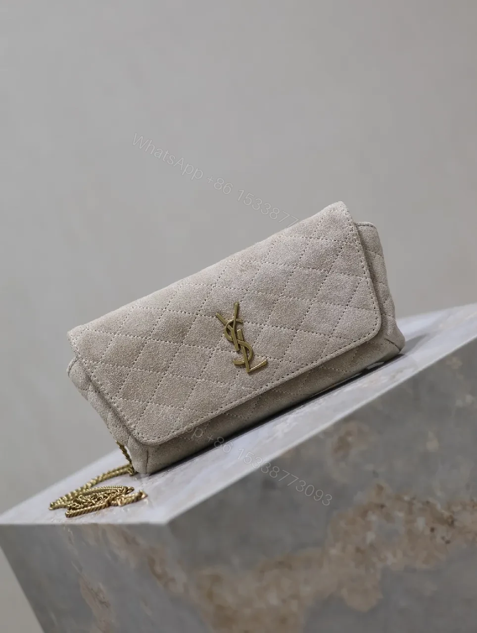 View 5 of Quilted Suede Clutch with Gold Logo Hardware - Classic Chic Clutch