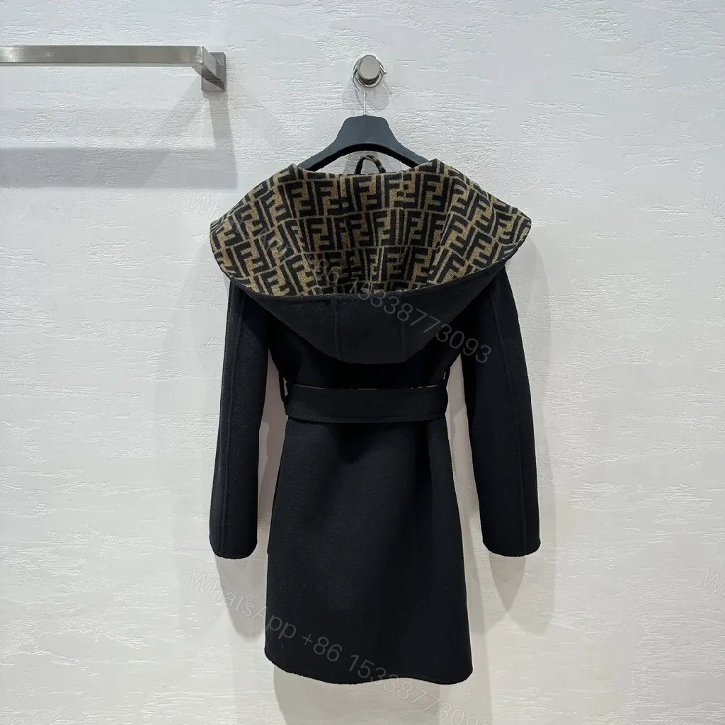 View 3 of Bold Wool-Blend Wrap Coat with Logo-Pattern Overlay