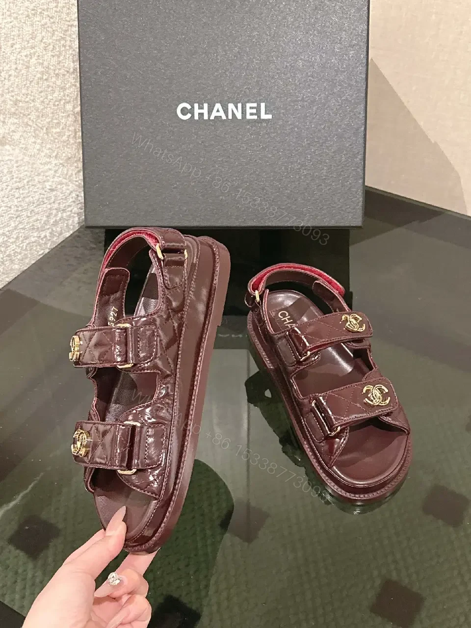 View 6 of Velvet Burgundy Sandals with Gold Hardware, Luxe Style