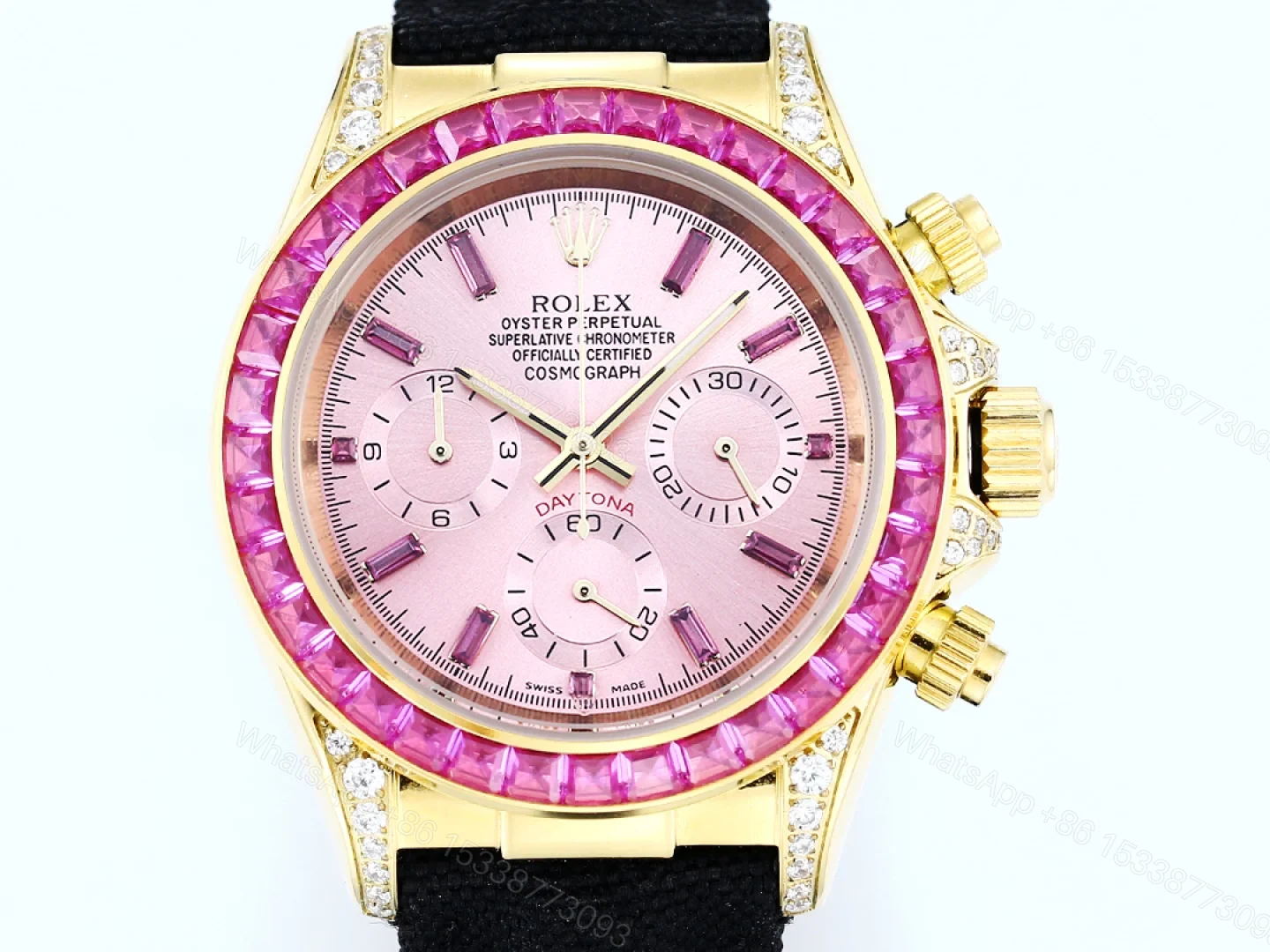 View 4 of Rolex Daytona Pink Ruby Black Strap Replica 43MM Exclusive Gold Case Edition RG-ROLEX-DAYTONA-PINK-RUBY-BLACK-43