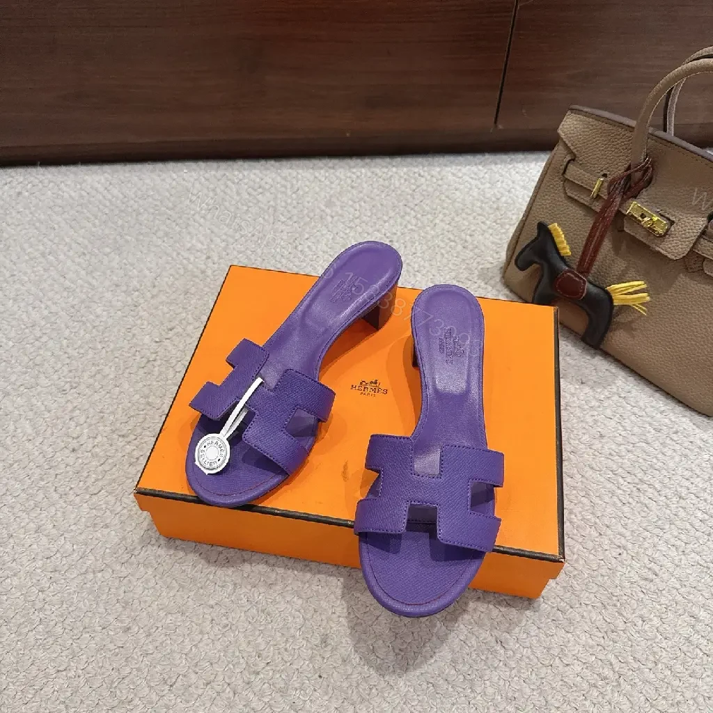 View 10 of Purple Leather Heeled Sandals Hermès-Style Slide Sandals
